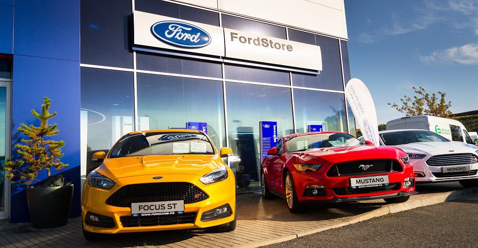 PRAGUE, CZECH REPUBLIC SEPTEMBER 29: Cars in front of Ford motor company dealership building on September 29, 2017 in Prague. Ford and Lyft will work together to deploy autonomous cars.